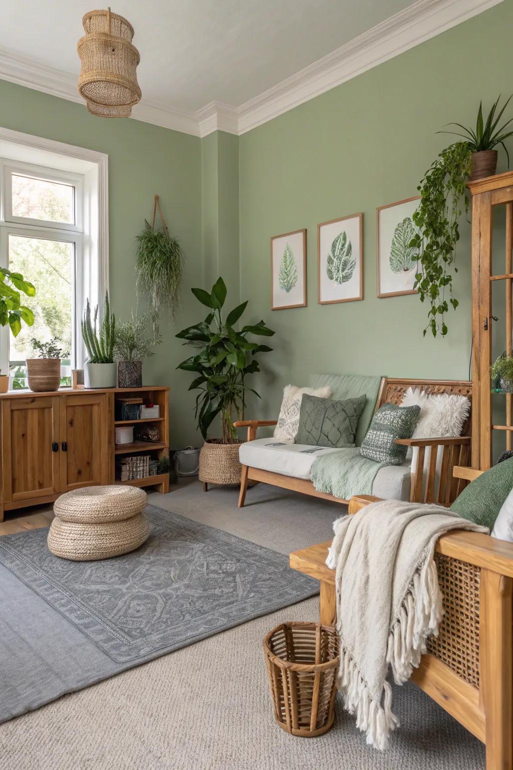 Sage green walls offer a calming backdrop with grey carpets.