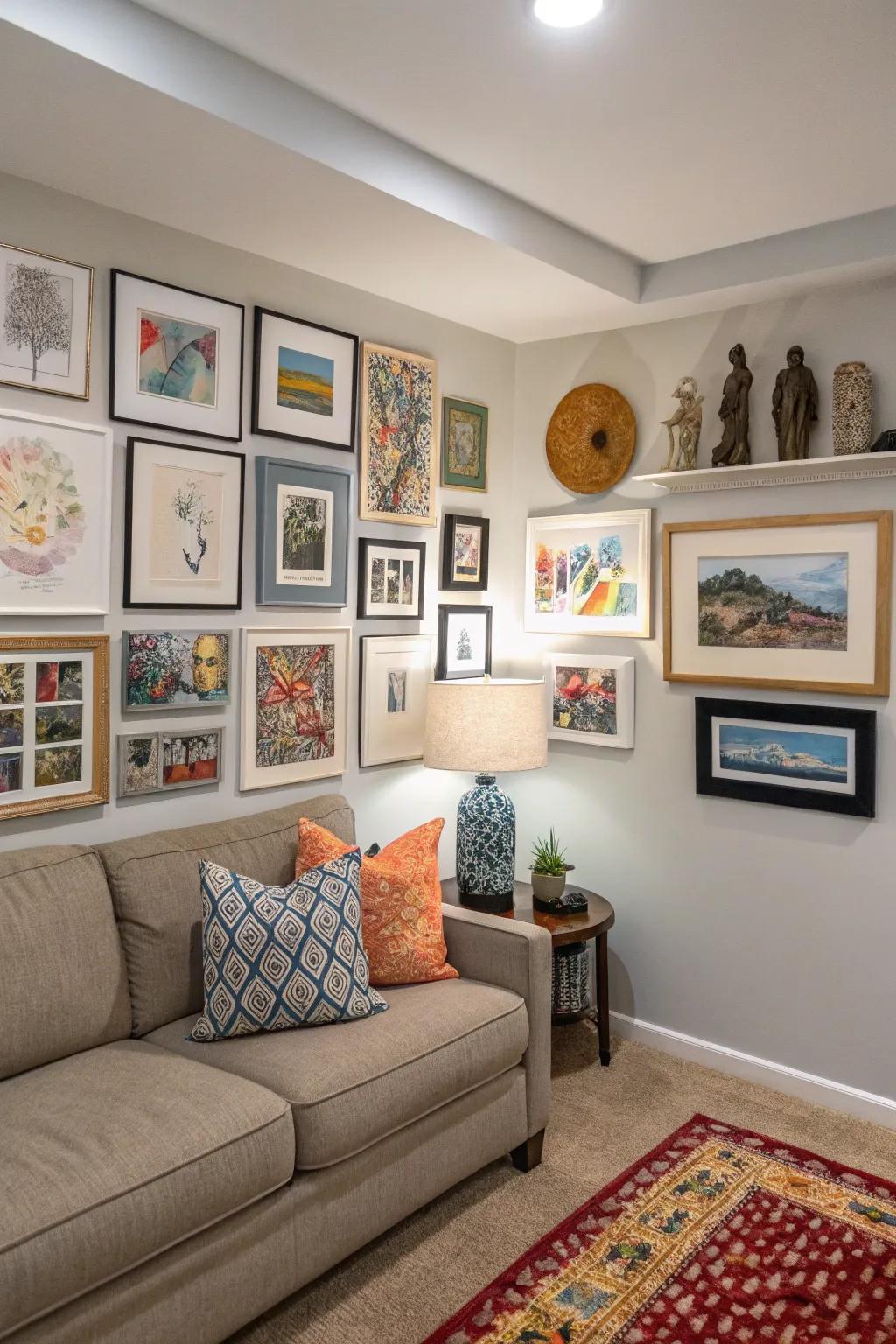 Individual art pieces infuse the room with character and elegance.