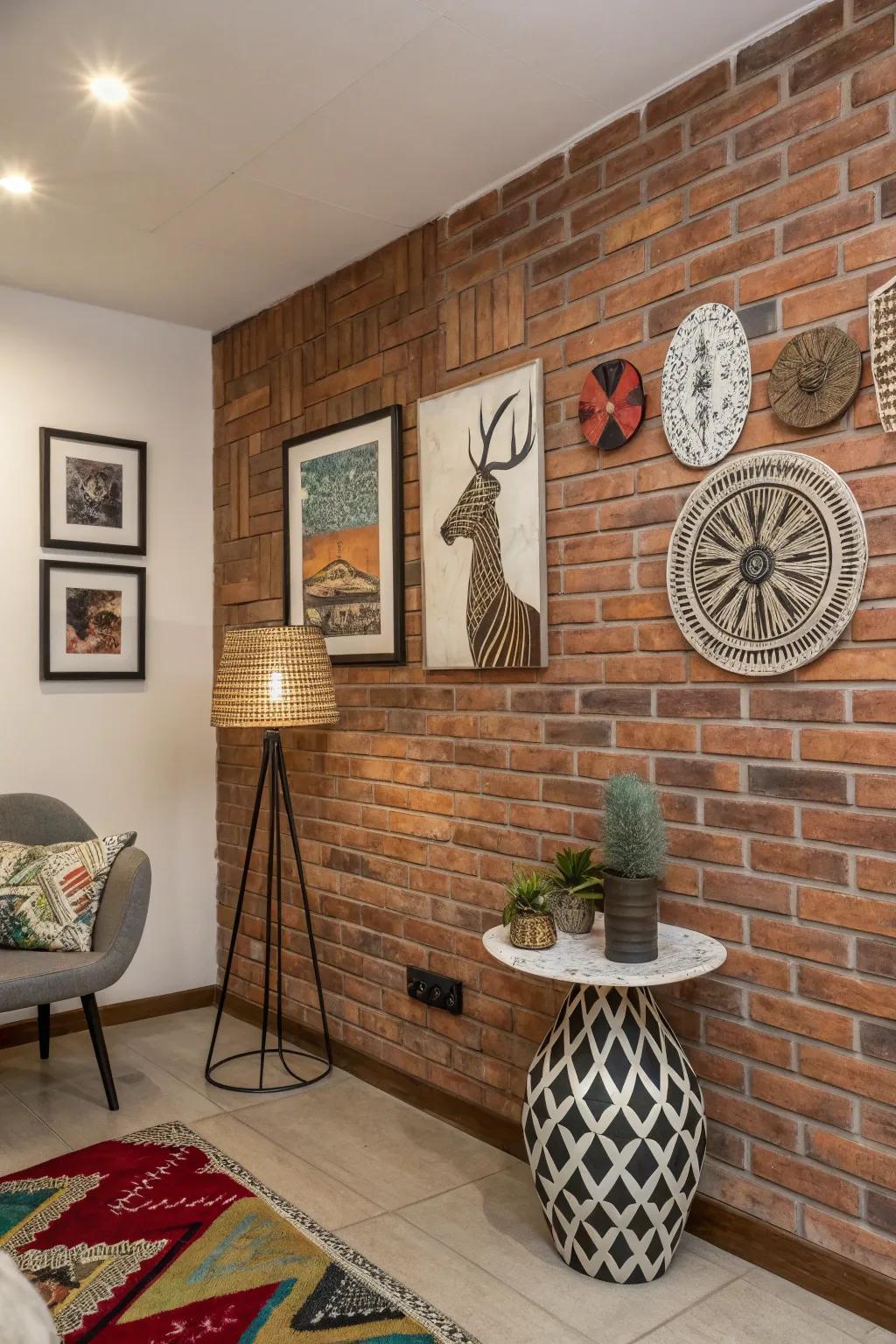 A creative room with unique art and a partial brick wall.