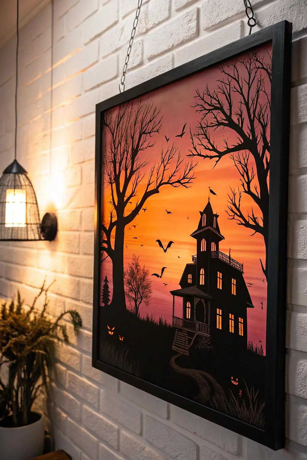 Haunted house silhouettes create a dramatic effect