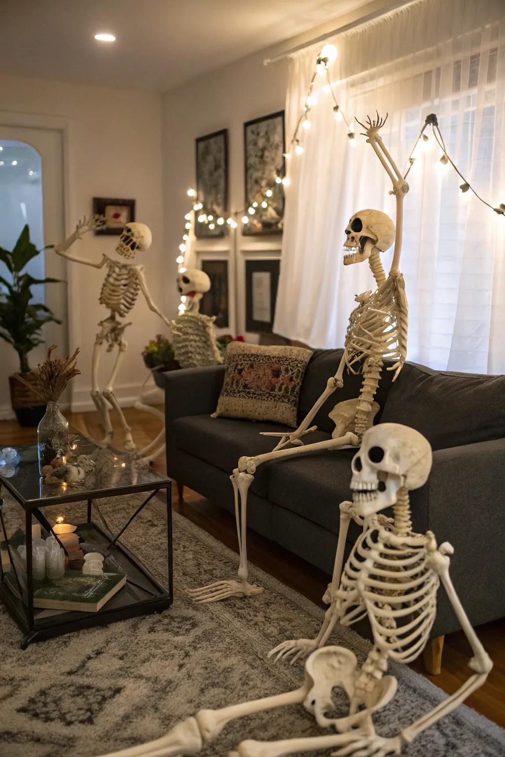 Humorous bone structures introduce a spirited accent to the Halloween décor