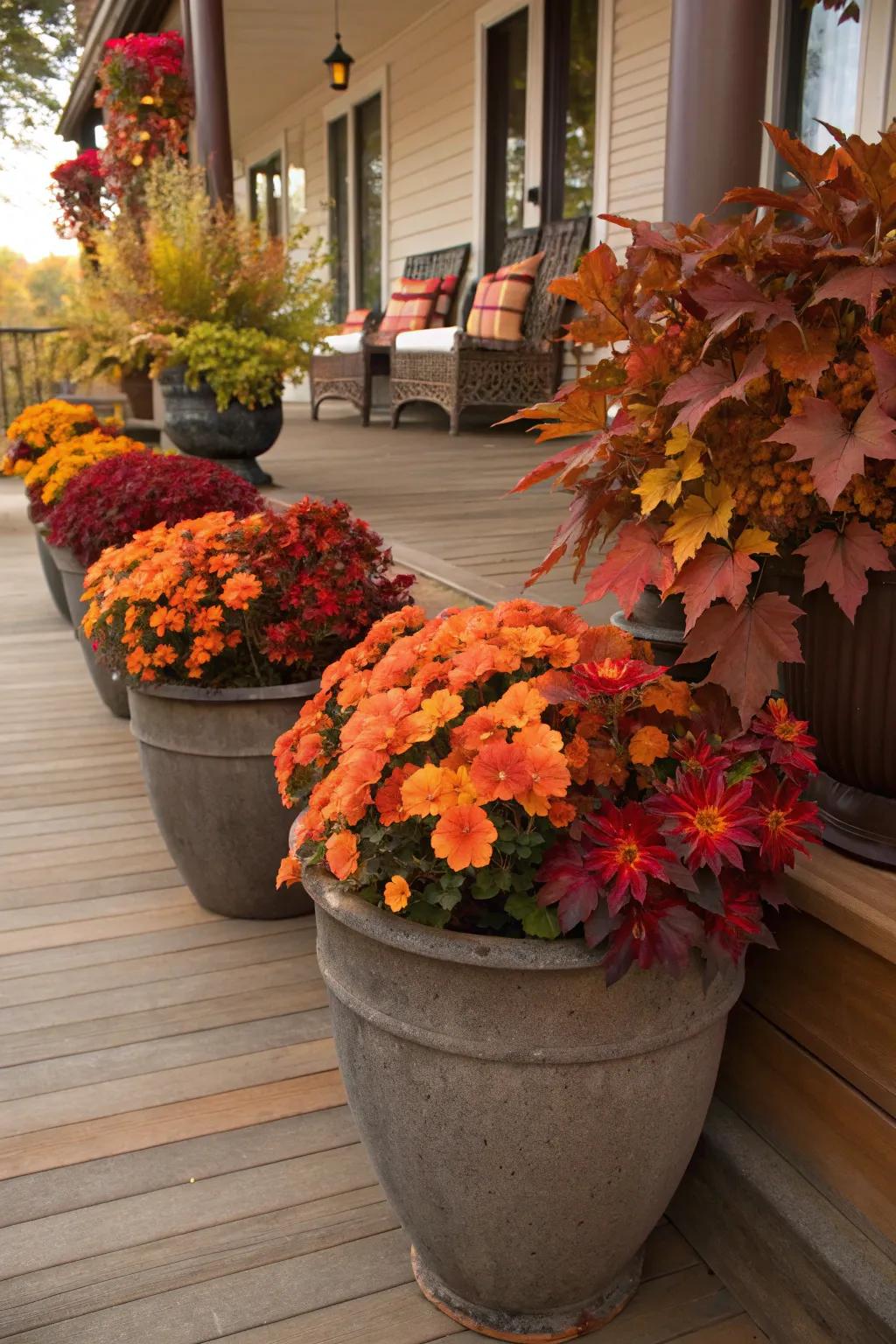 Foliage in autumn hues brings a vibrant touch to this Halloween porch.