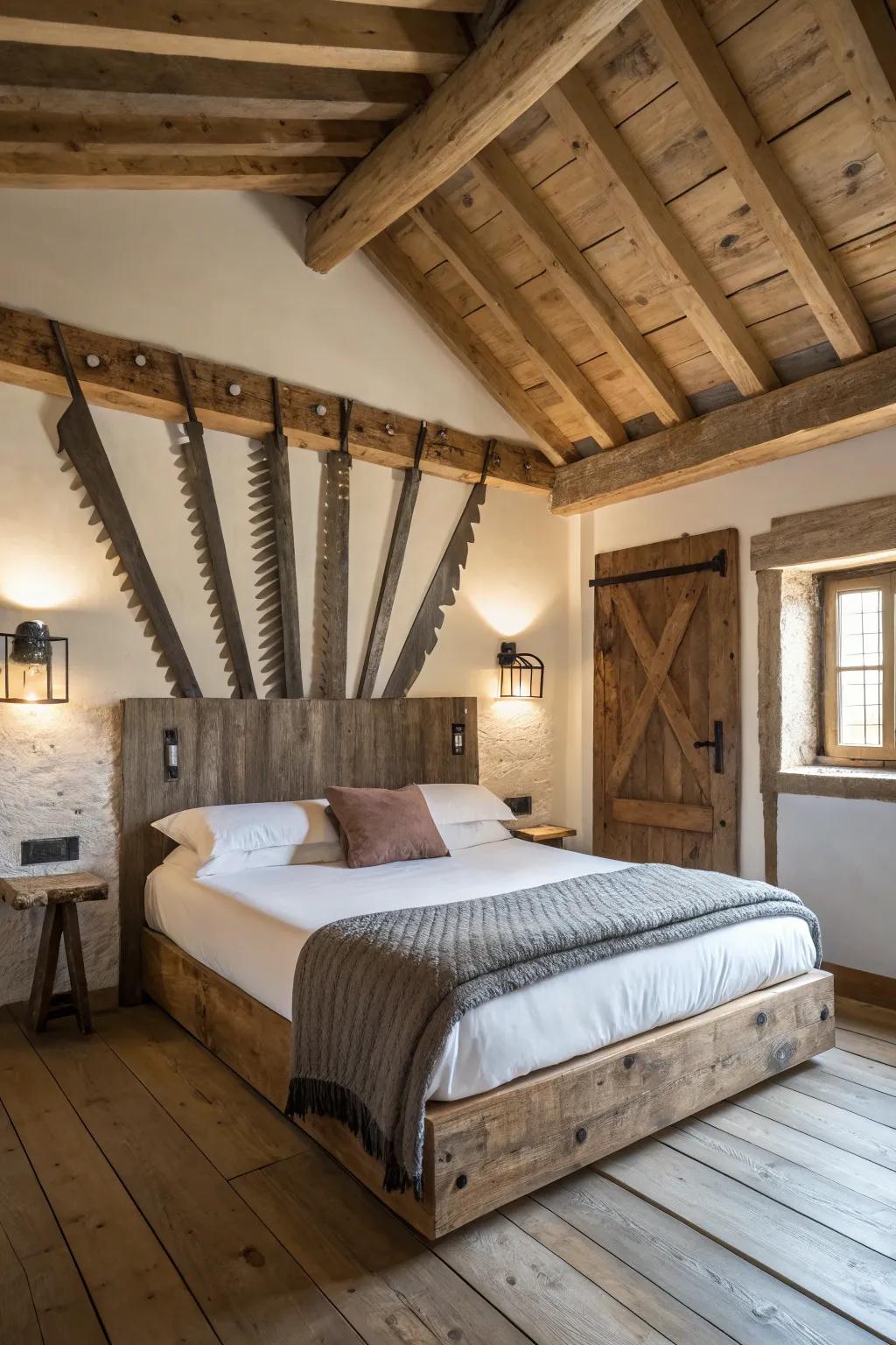 A unique headboard crafted from vintage handsaws.