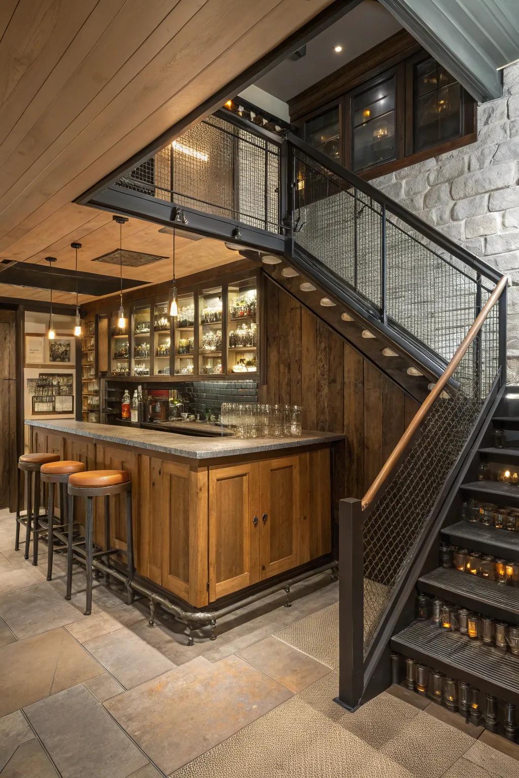 A mix of materials creating a unique bar aesthetic.