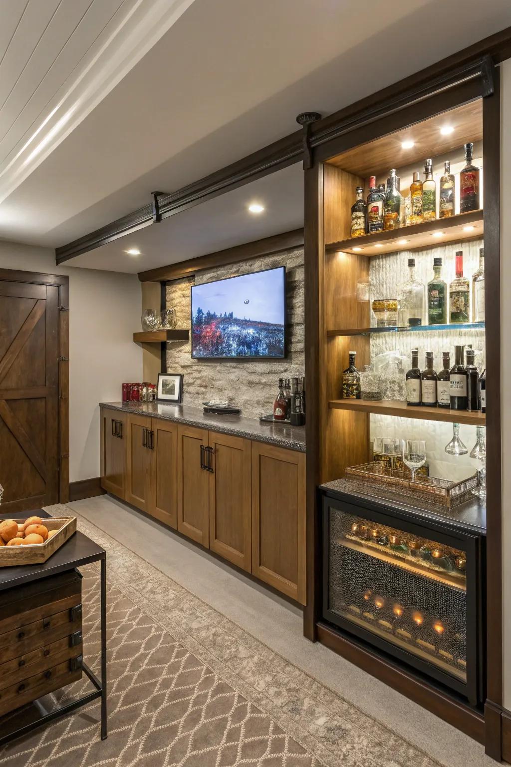 A hidden TV adds an element of surprise to your bar.