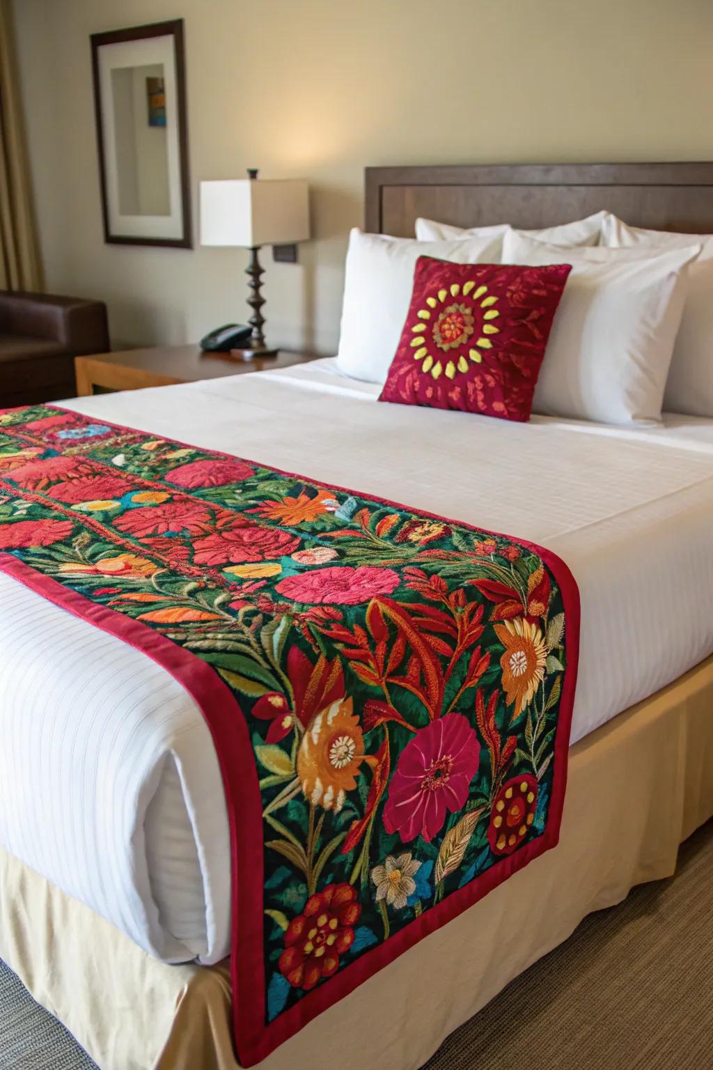 A bed runner adds elegance and a pop of color.