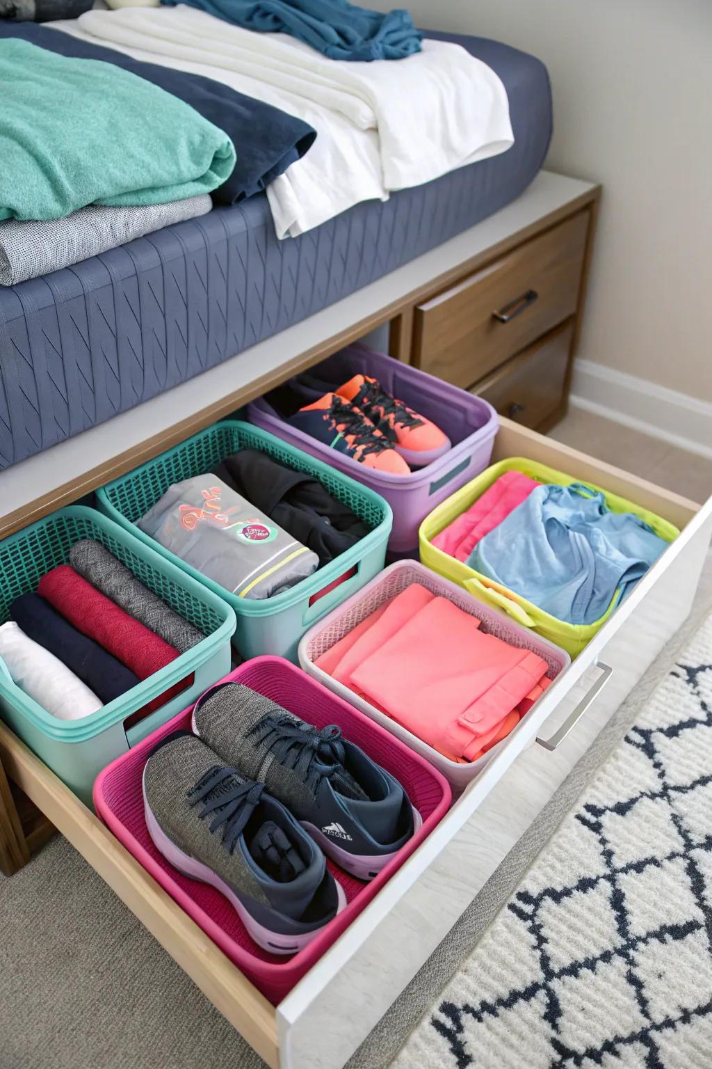 Under-bed storage for seasonal workout gear.