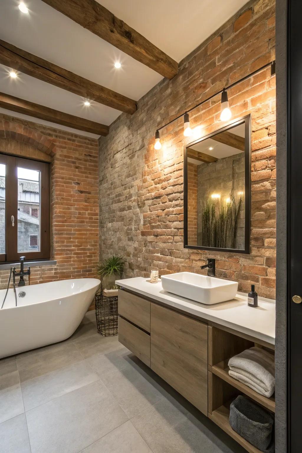 A unique bathroom showcasing an exposed brick facade, adding country charm to the sleek space.