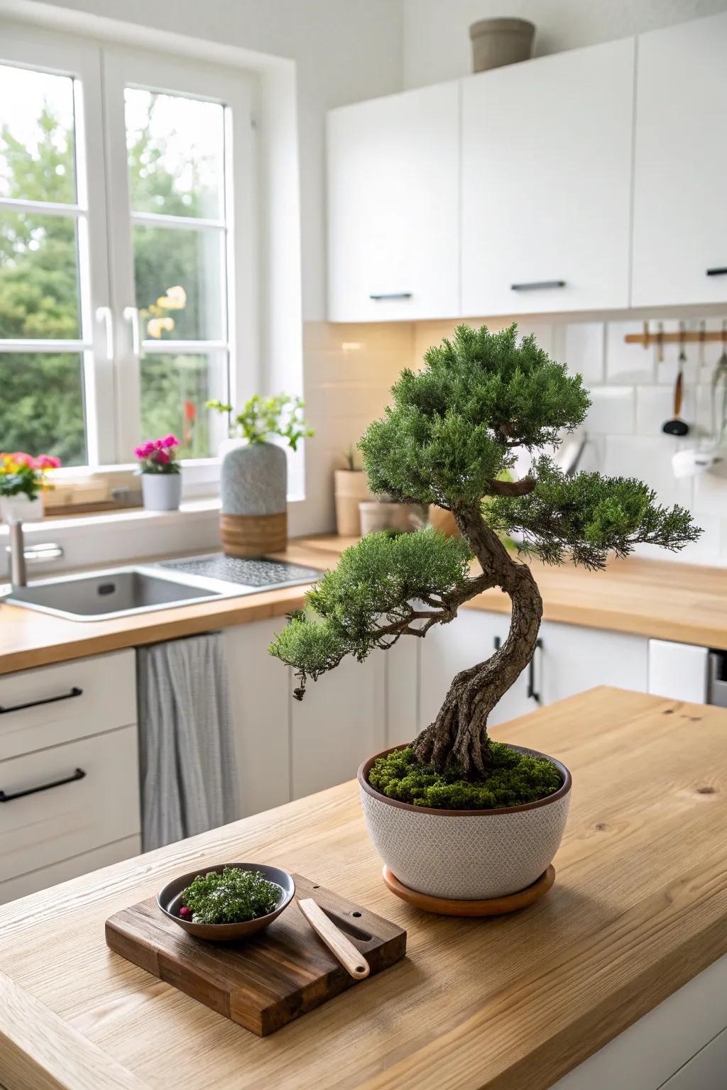 A triple trunk juniper bonsai adding complexity to a bright kitchen.