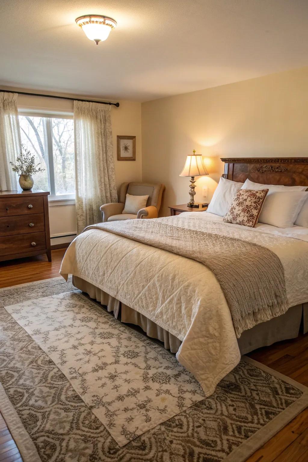 A textured rug adds warmth and softness under this king-sized bed.