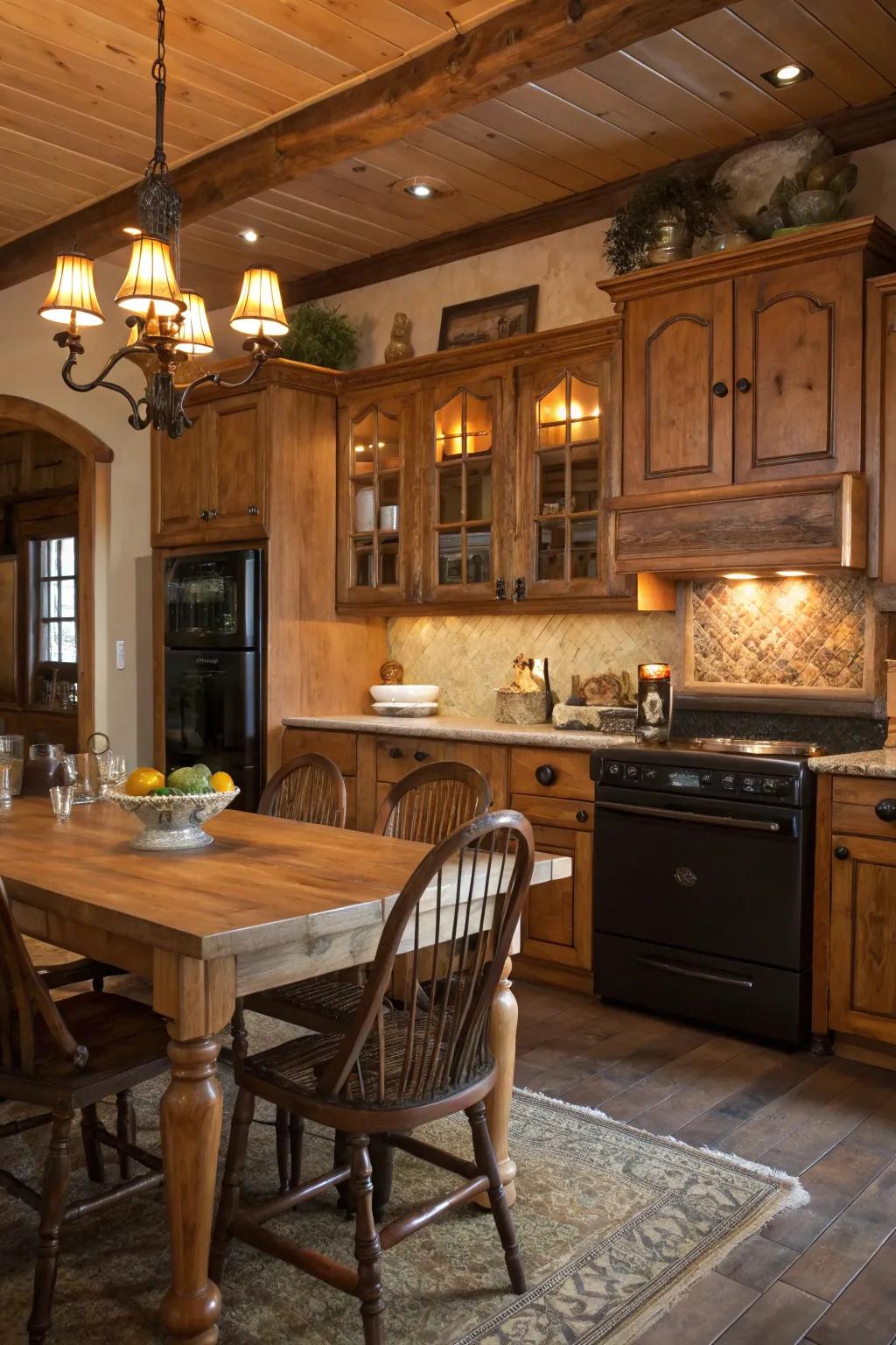 Rustic wood tones create a warm and timeless kitchen appeal.