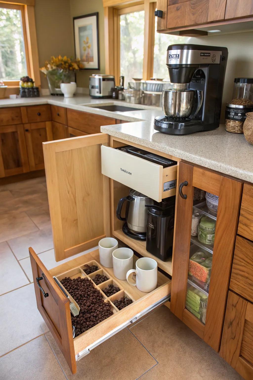 Swinging pullouts contribute a touch of surprise and ease.