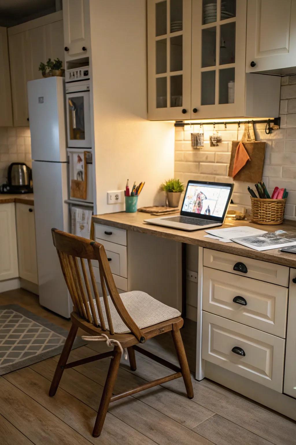 A mini office in the kitchen corner facilitates productivity in a small space.