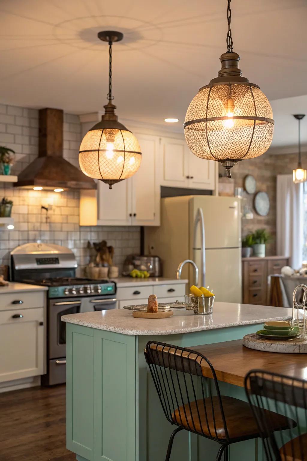 Mid-century modern lights bring vintage charm to the kitchen.