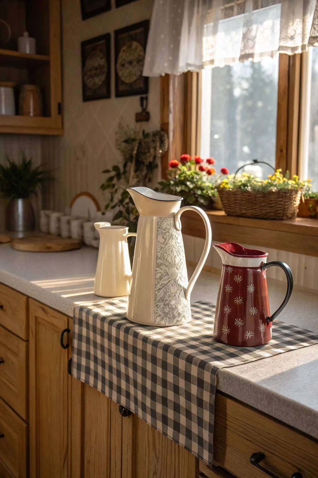 Jugs and pitchers add charm and functionality.