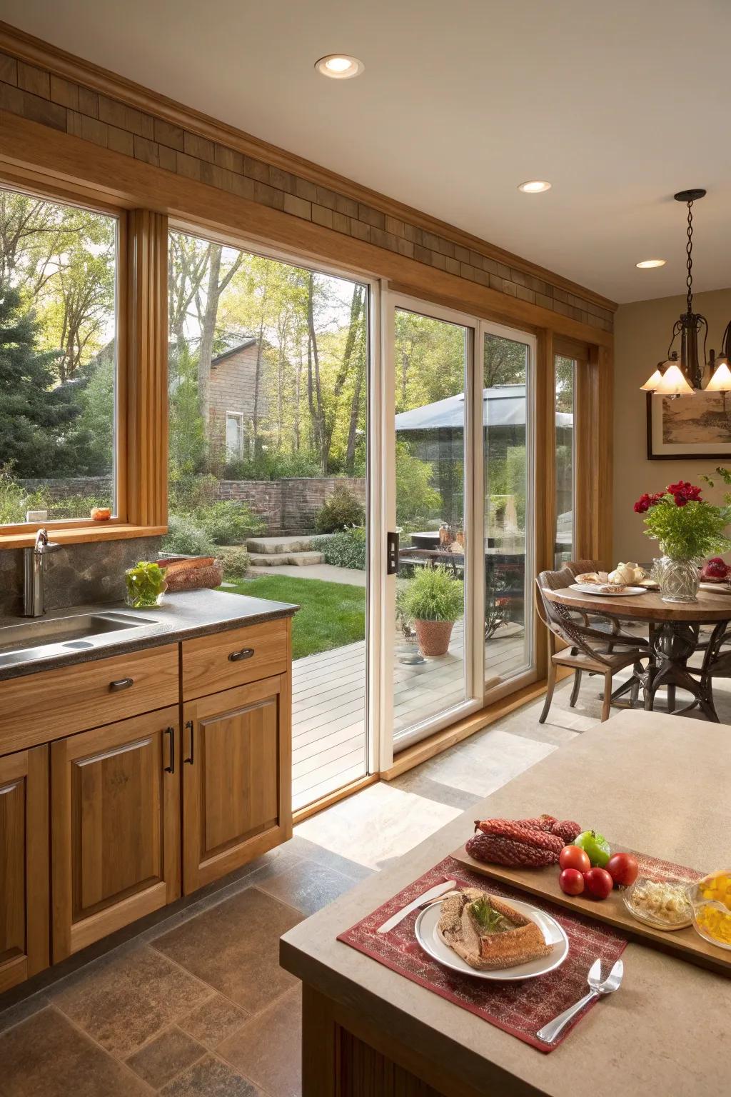 A kitchen equipped with serving windows leading to an inviting patio.