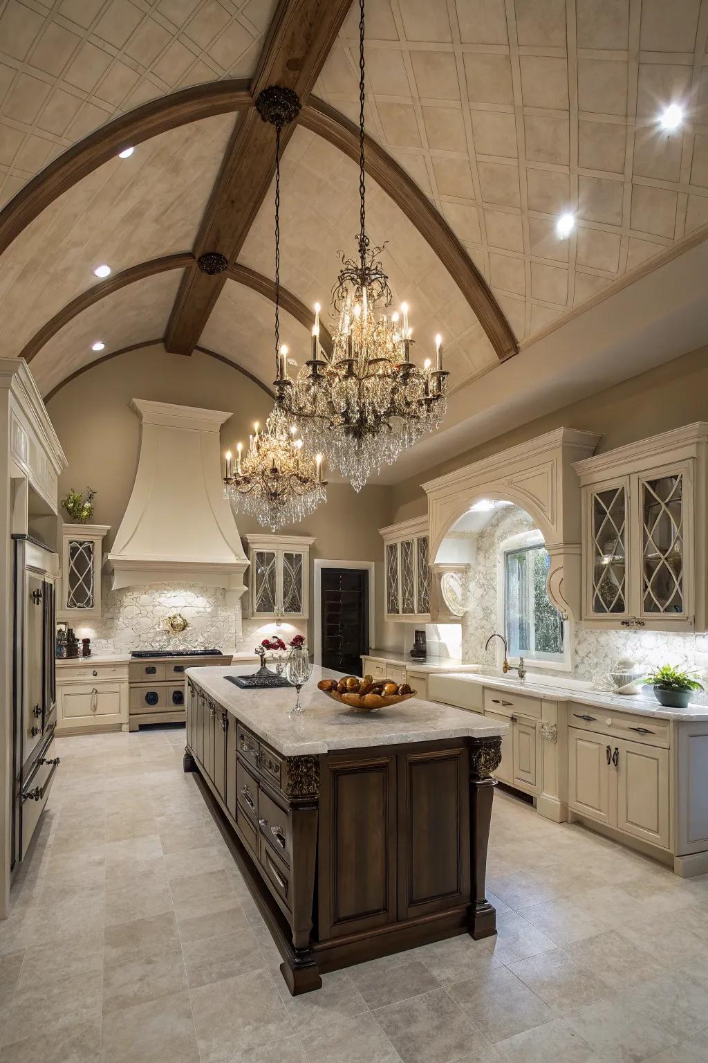 A bold chandelier elevates the elegance of this vaulted ceiling kitchen.