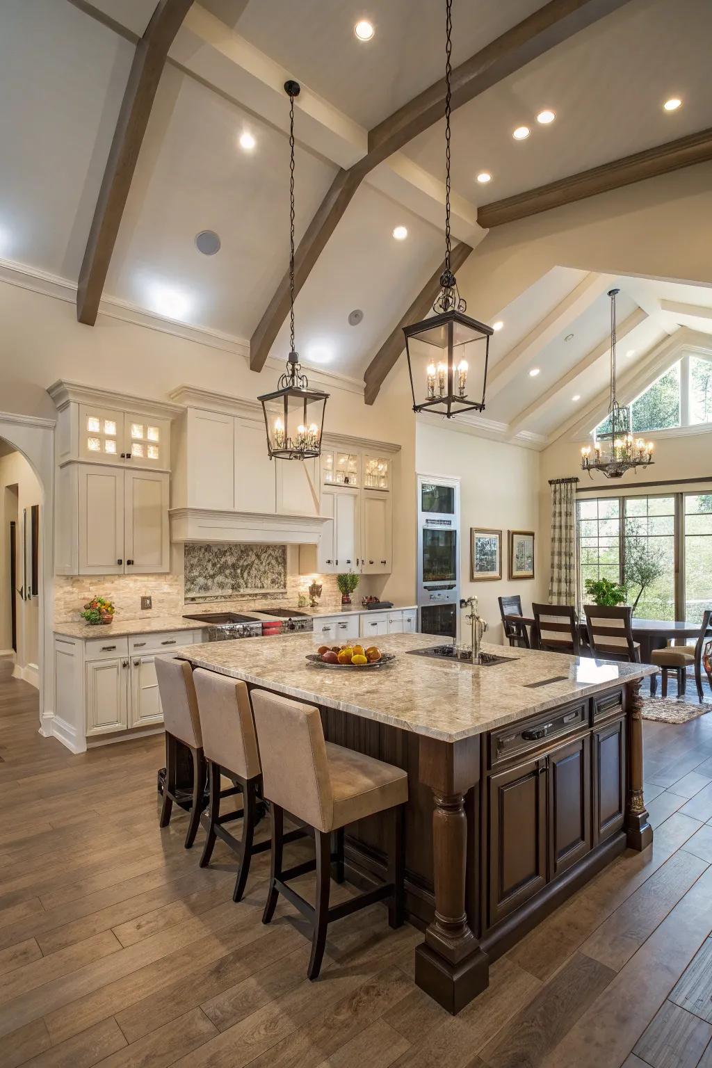 A kitchen island creates a central gathering point in this spacious kitchen.