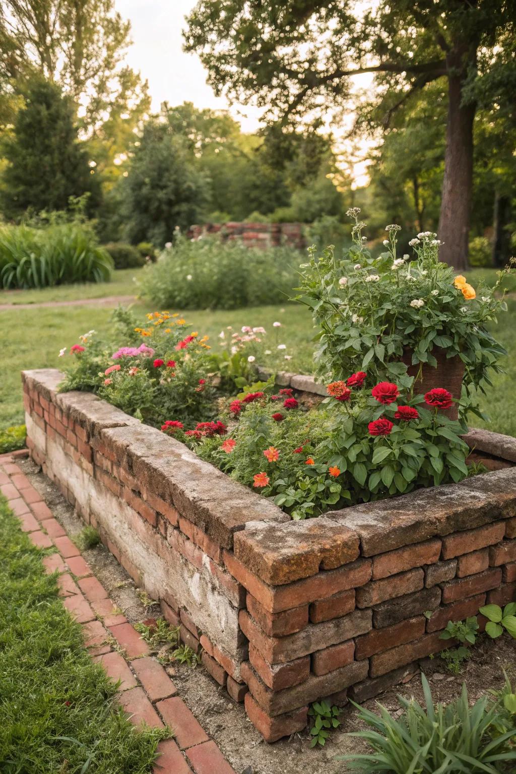 Old bricks provide a timeless aesthetic for raised garden beds.