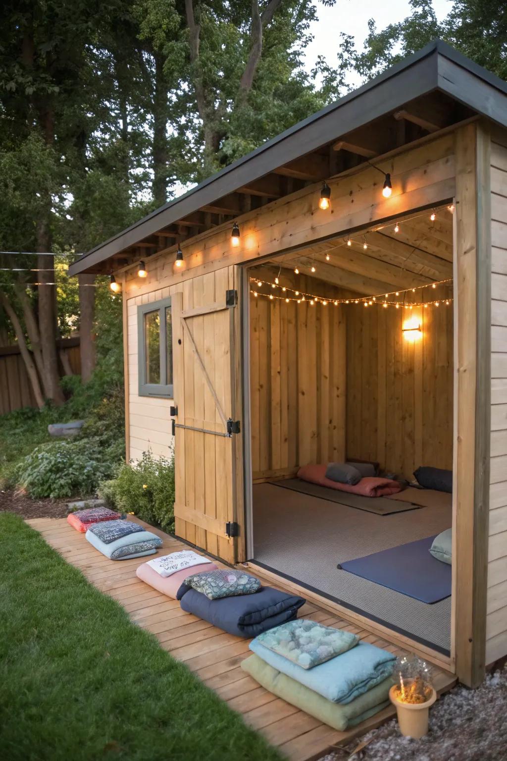 A serene yoga and meditation sanctuary within a shed.