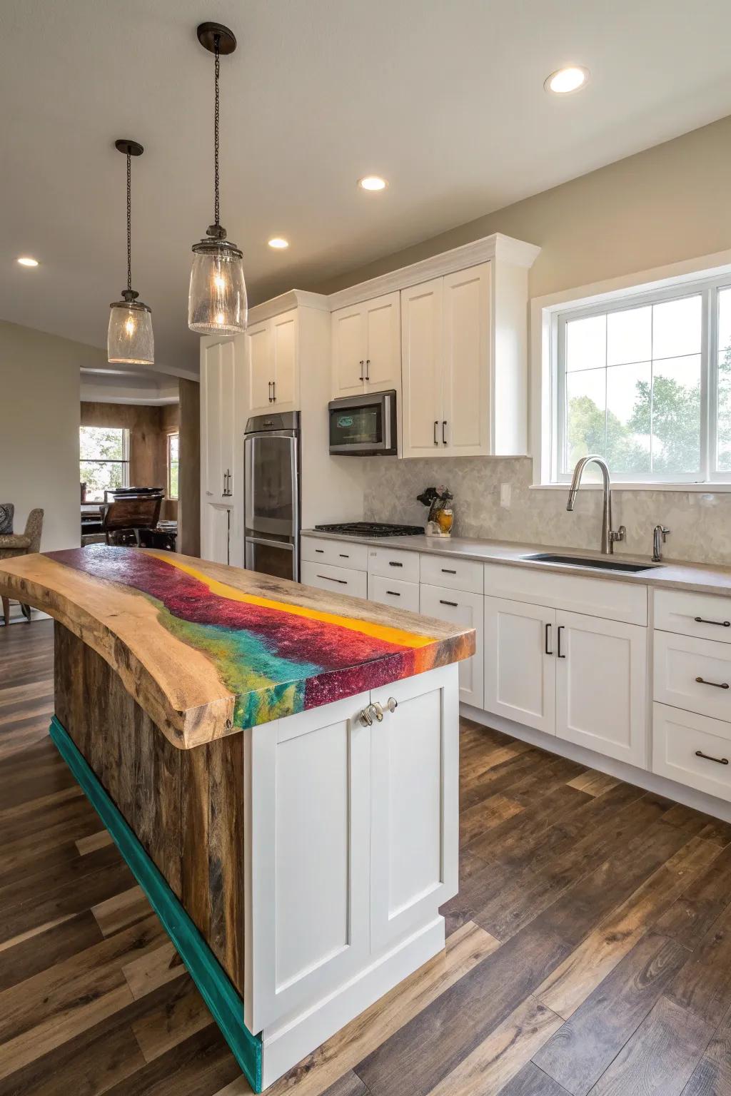 A colorful live edge countertop adding a pop of color to a neutral kitchen.