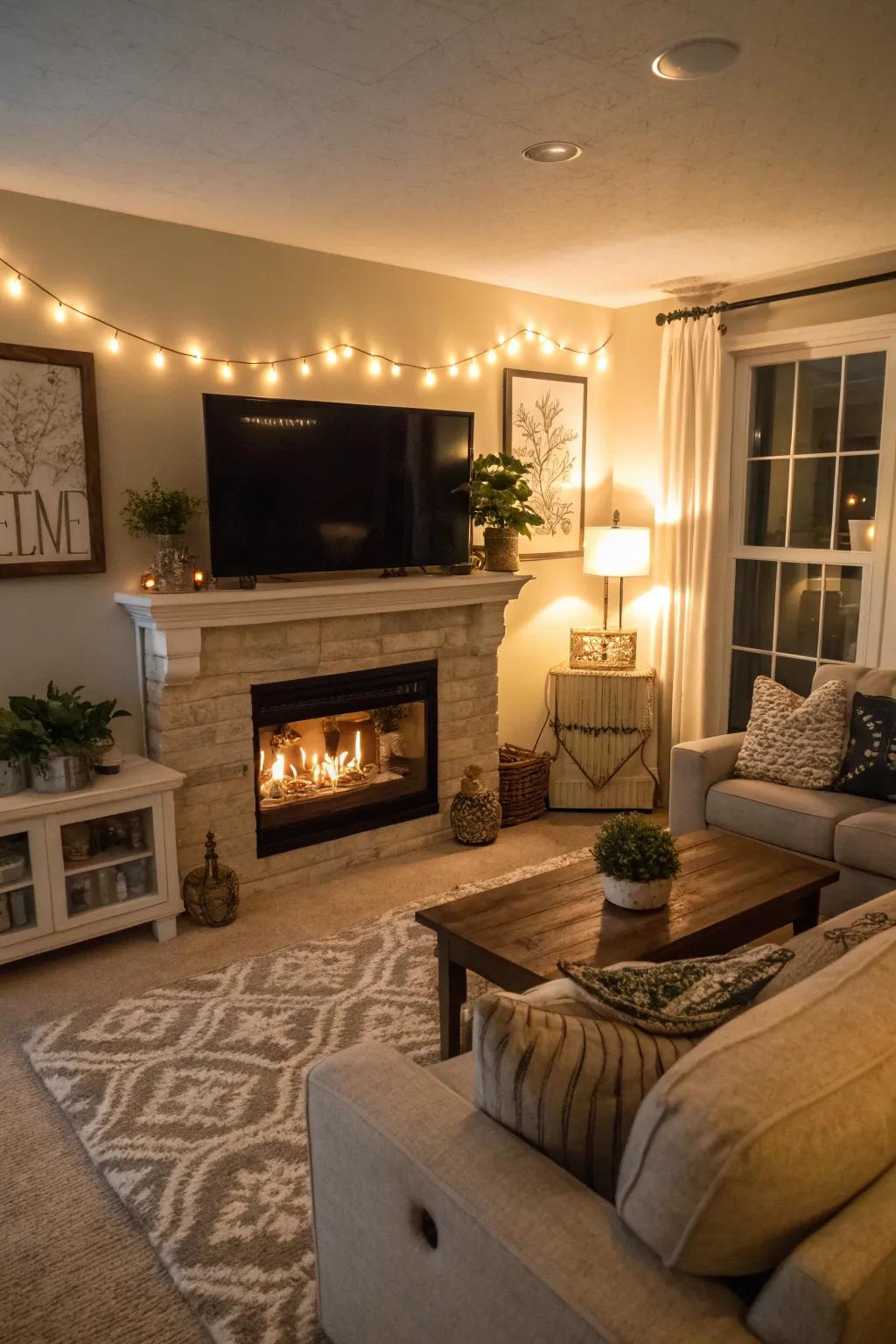 Accent lighting contributes drama and focus to the space.