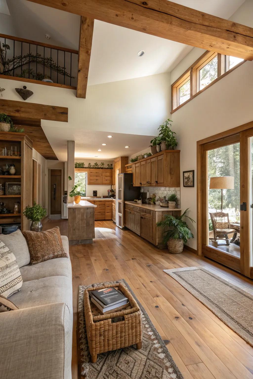 Wood and organic elements bring warmth and texture to the design.