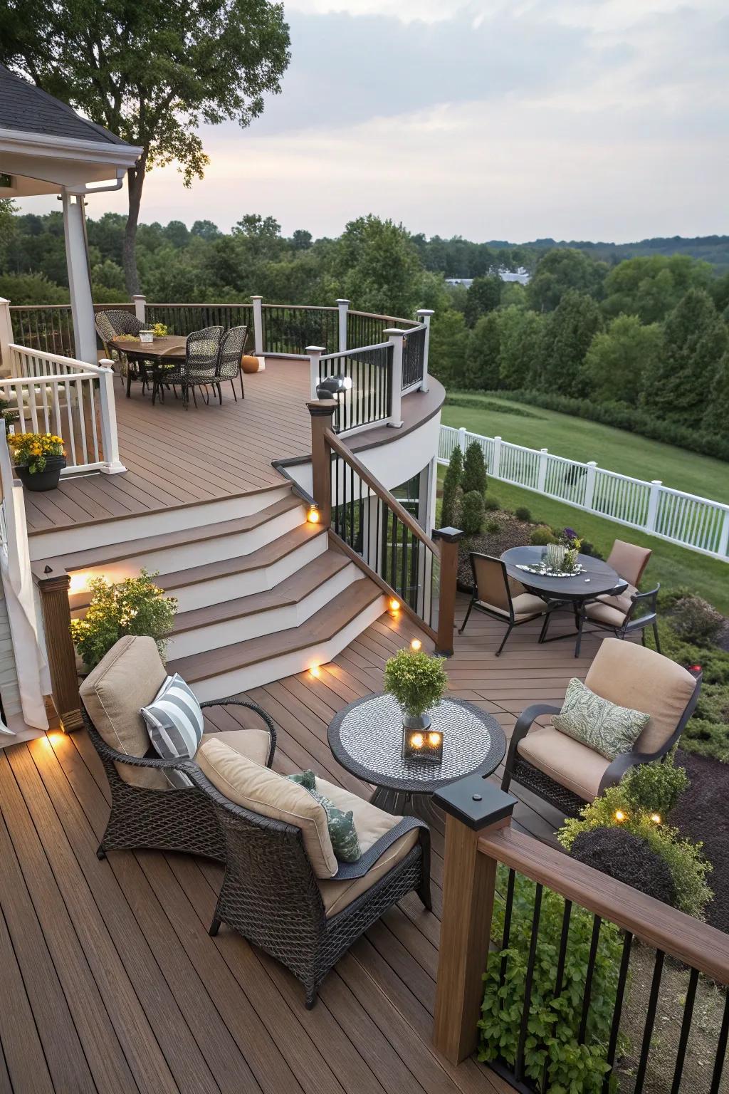 A multi-level raised deck with various seating areas.