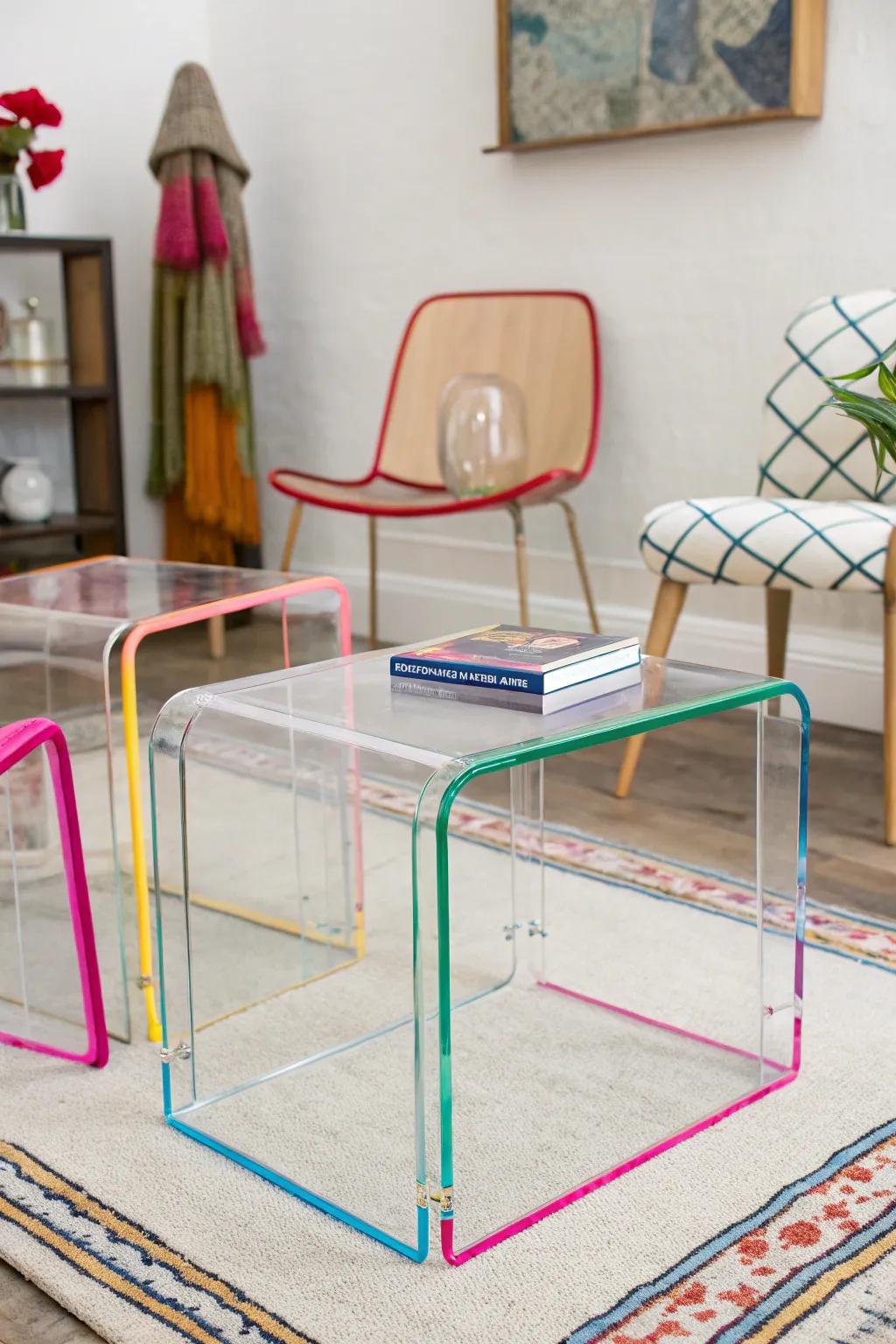 Color-edged poly-methylmethacrylate pieces offer a playful touch.
