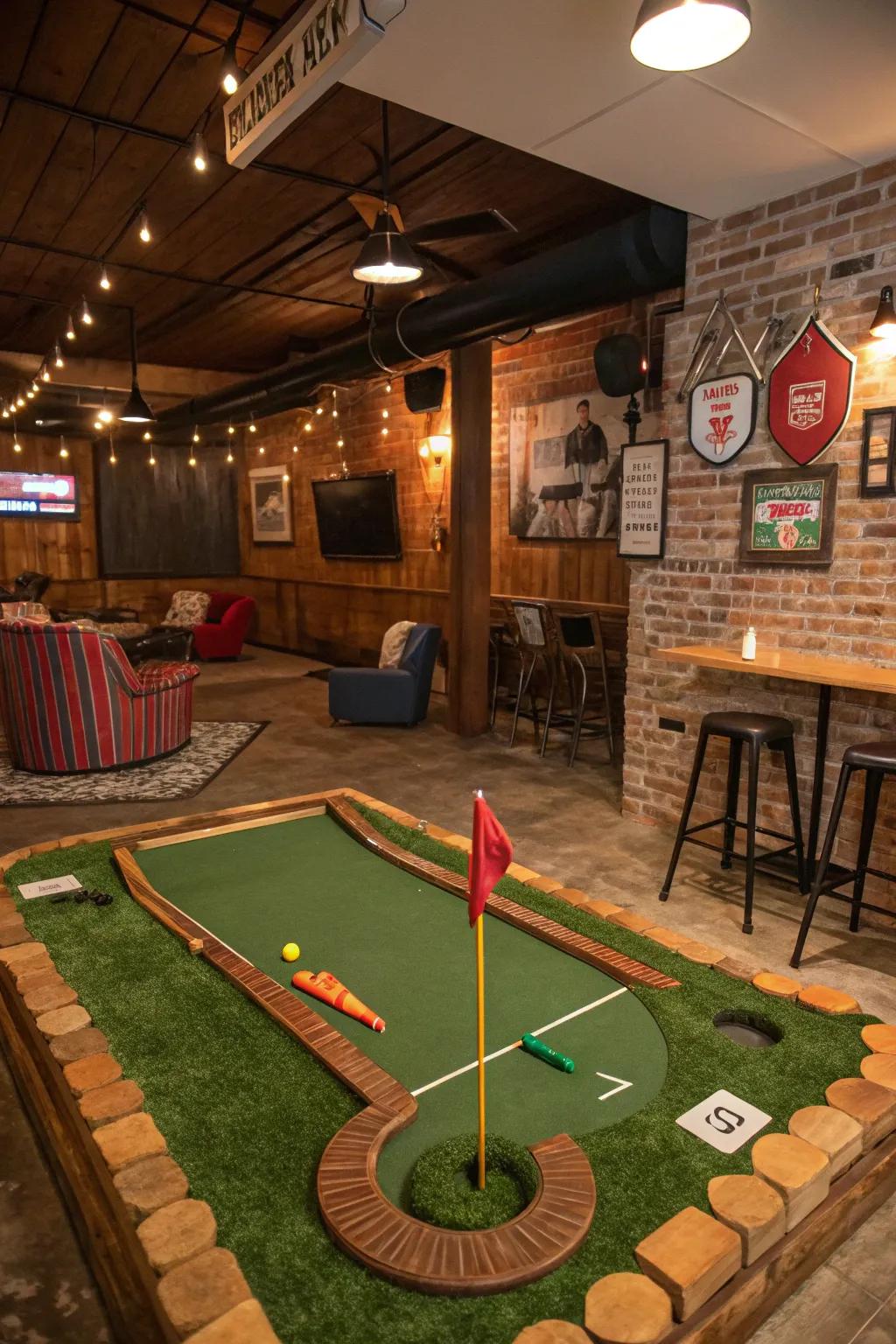 A playful mini golf layout inside a man cave.