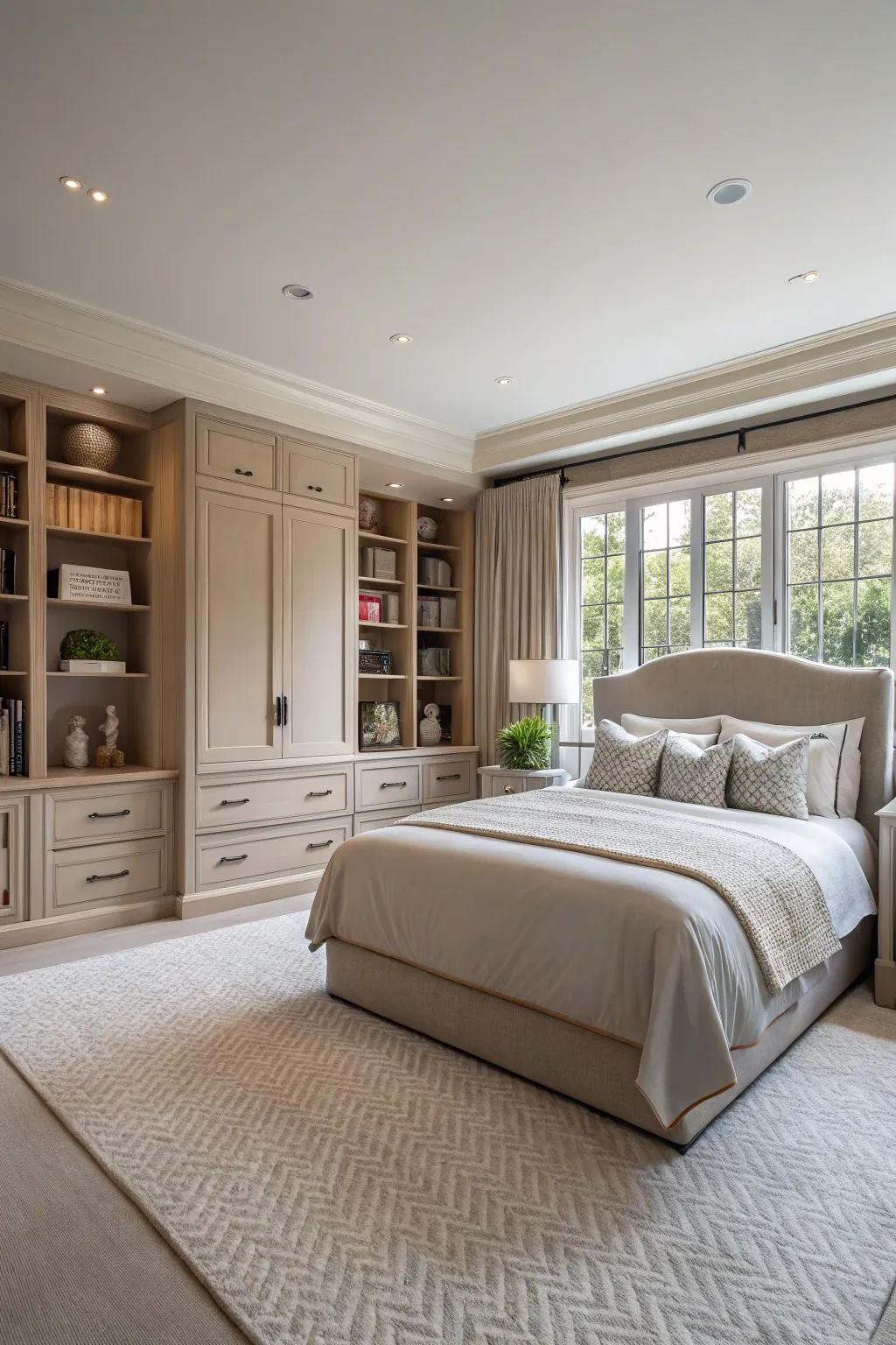 Built-in storage keeps the master bedroom organized and clutter-free.