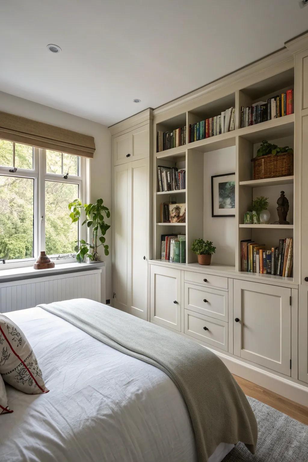 A sleeping area equipped with effective fitted storage solutions.
