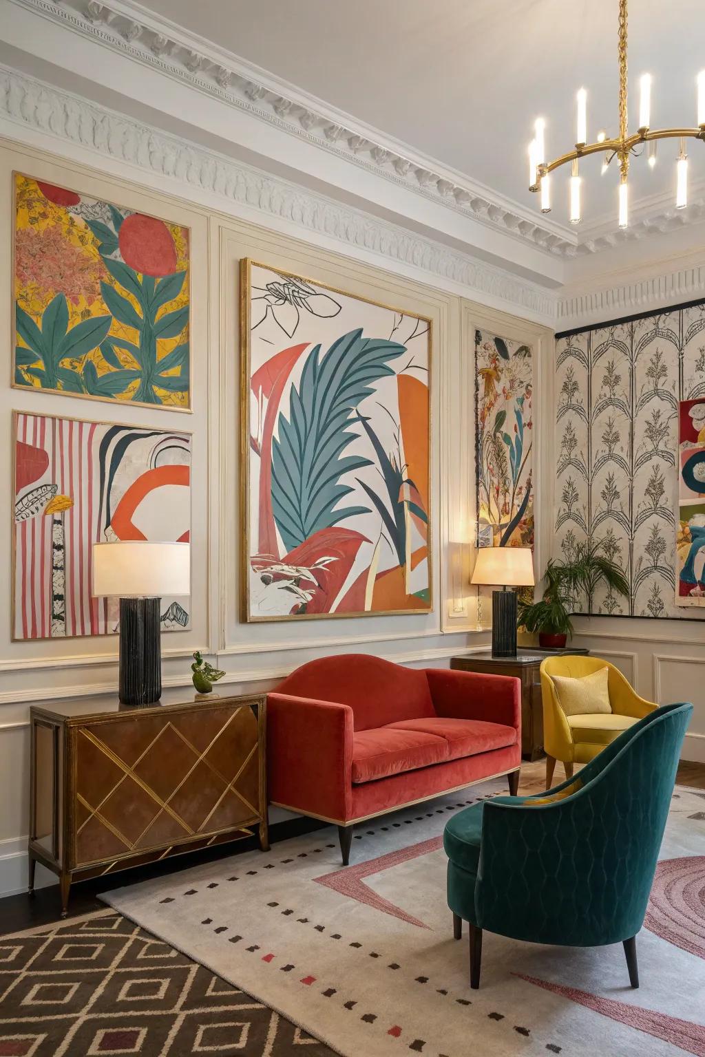 Elegant setting with abstract art mid-century wallpaper.