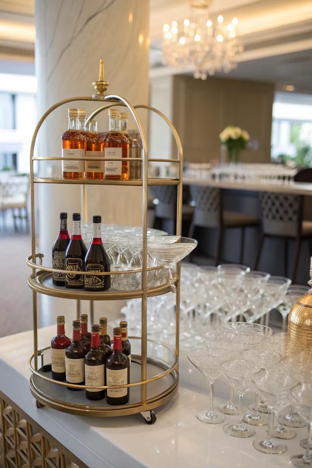 A tiered stand elegantly organizing mini liquor bottles.