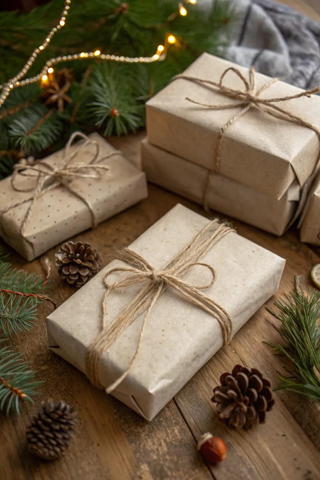 Gifts wrapped in recycled paper and cotton twine for a sustainable and minimalist presentation.