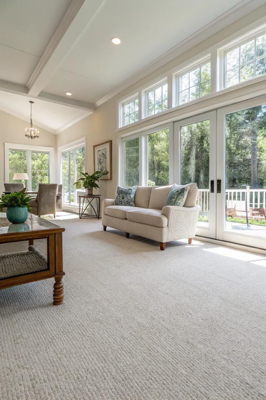 Open-concept living area with a light-colored carpet enhancing the airy feel