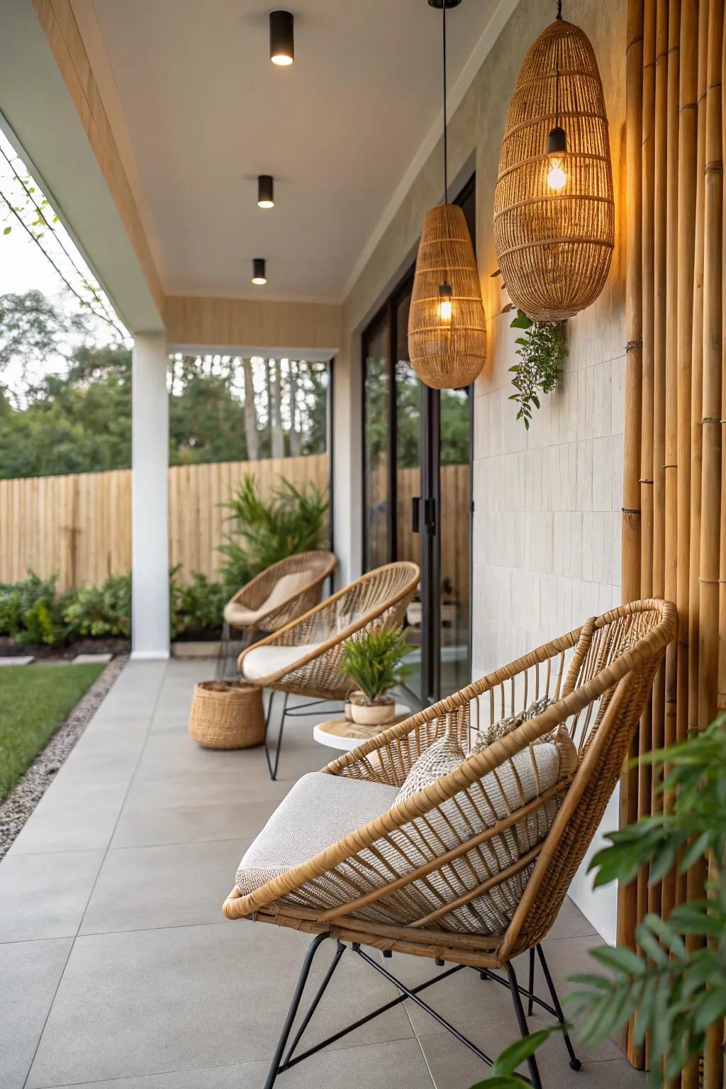 Natural materials add warmth to modern porch designs.