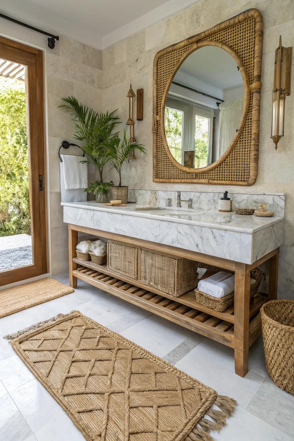 A bathroom showcasing a mix of textures with marble and rattan elements.