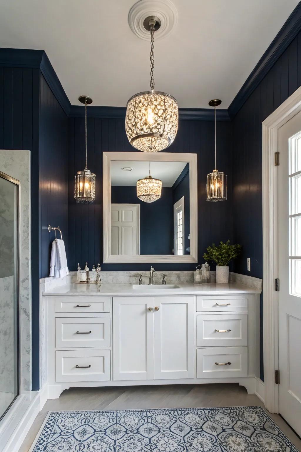 Chic lighting enhances the modern vibe of navy blue bathrooms.