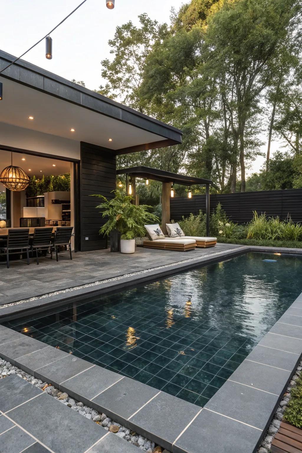 Bold black tiles add drama and sophistication to pool designs.