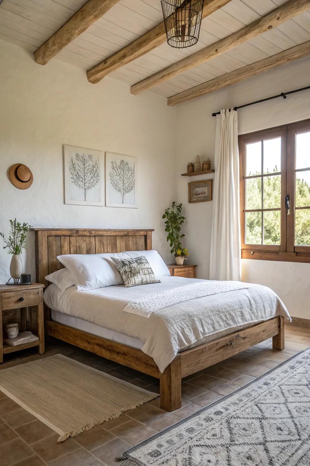 A rustic wooden bed frame serves as an inviting focal point in a modern Spanish bedroom.