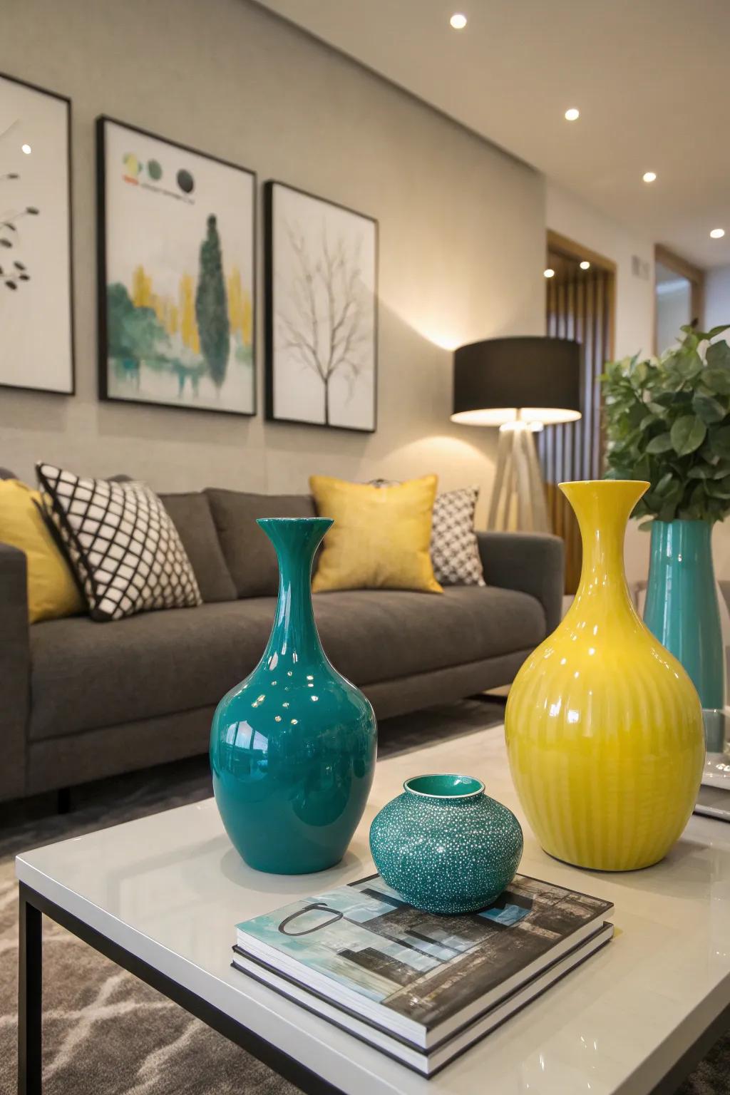 Vases in cerulean and daffodil offer simple color highlights.