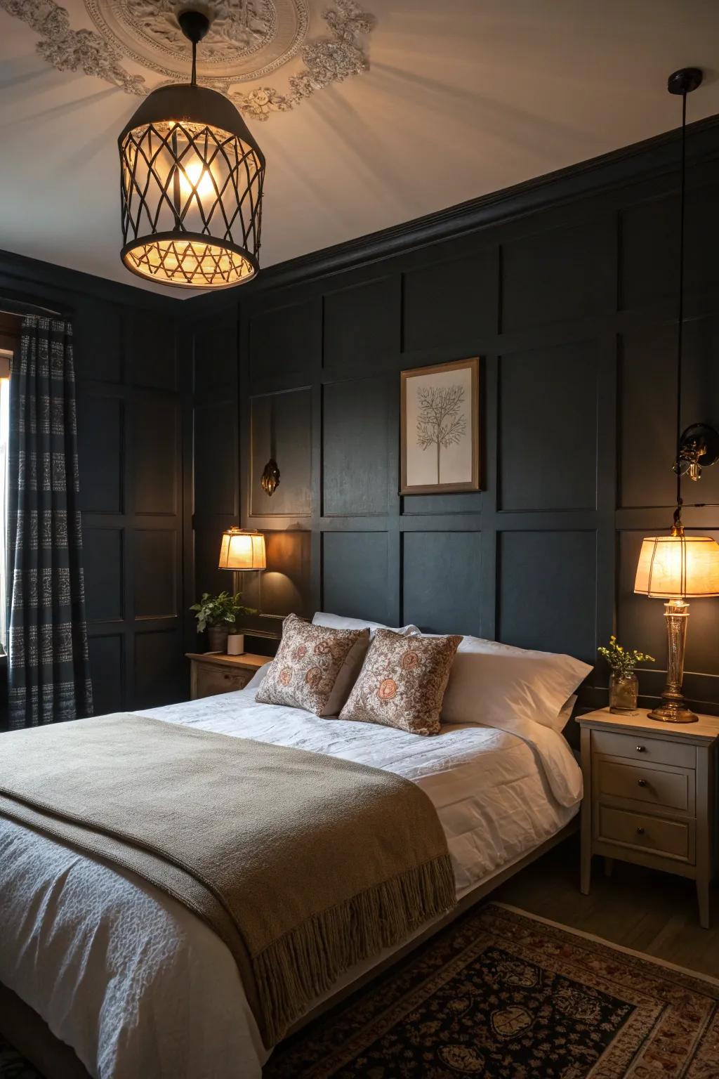 A bedroom with dark walls and light bedding.