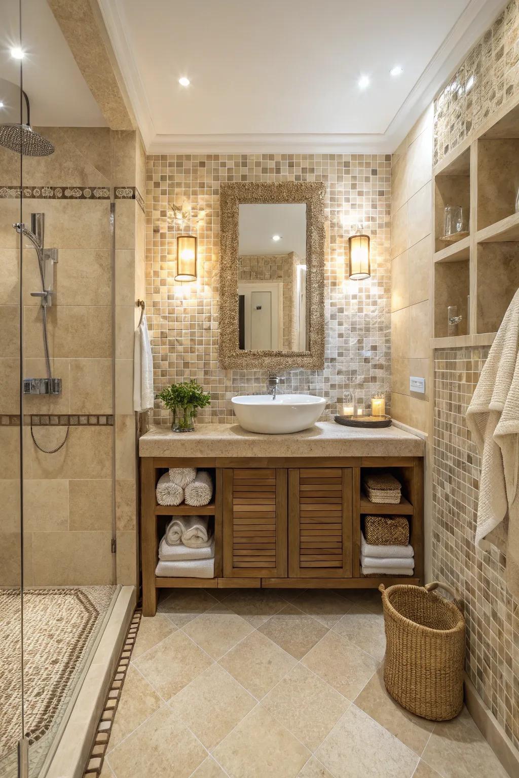 A serene bathroom with neutral mosaic tiles exuding understated elegance.