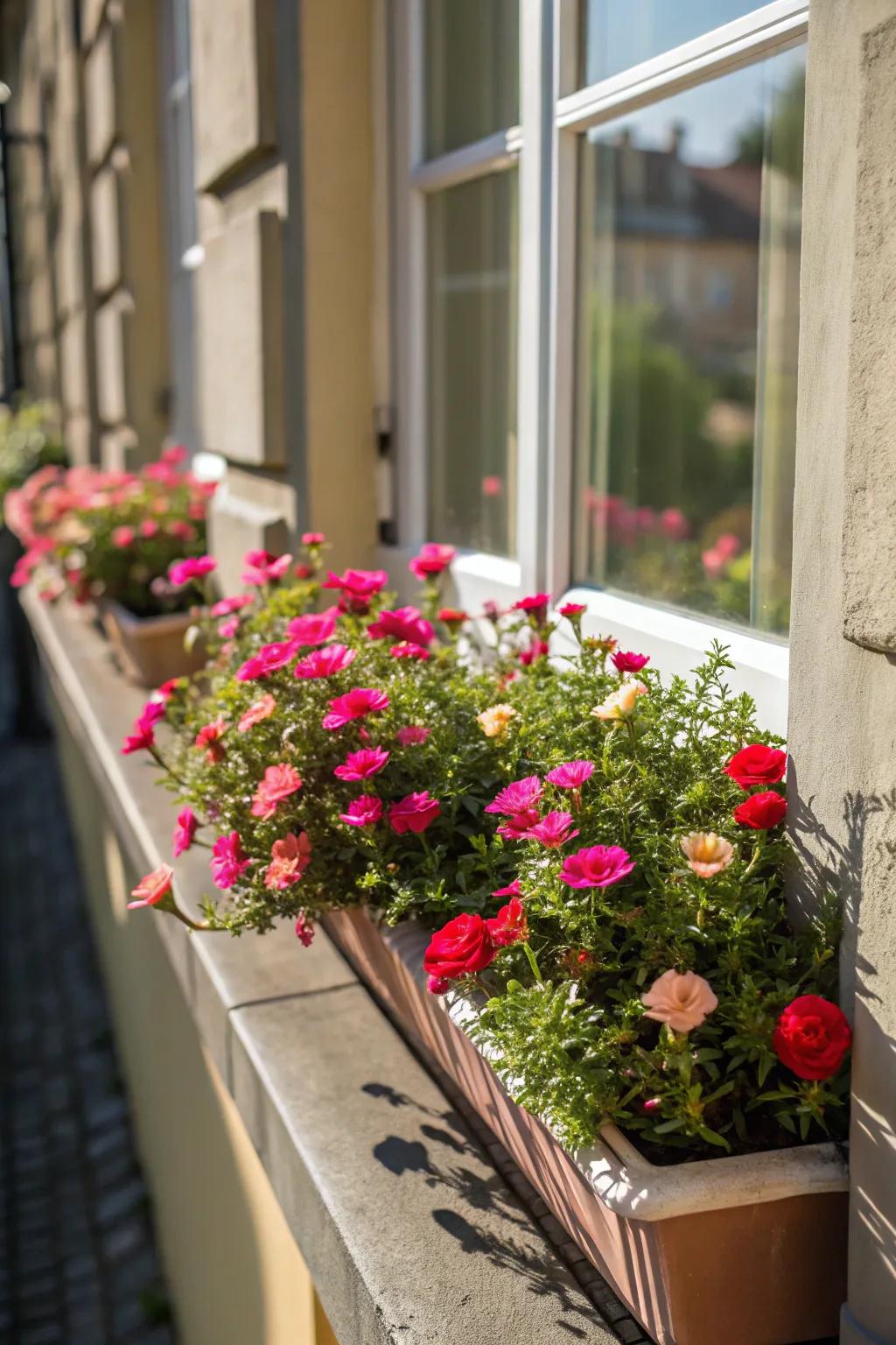 Moss roses bring color to window boxes, enhancing any facade.