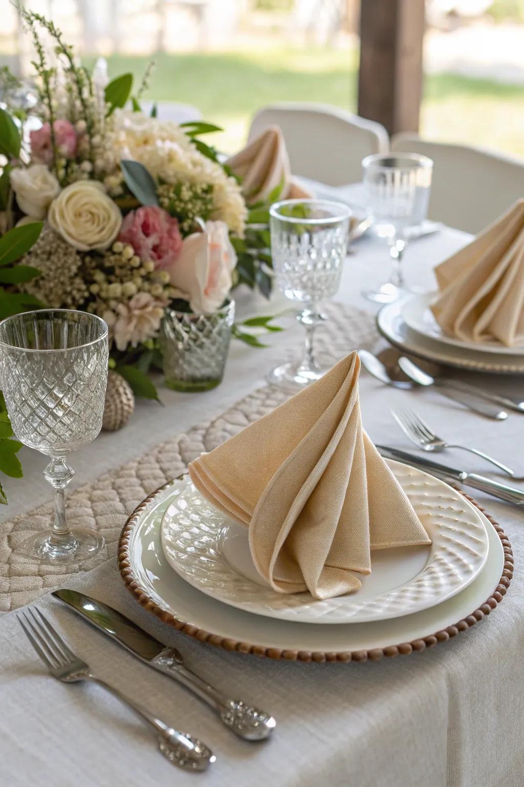 Artful napkin folds enhance table elegance.