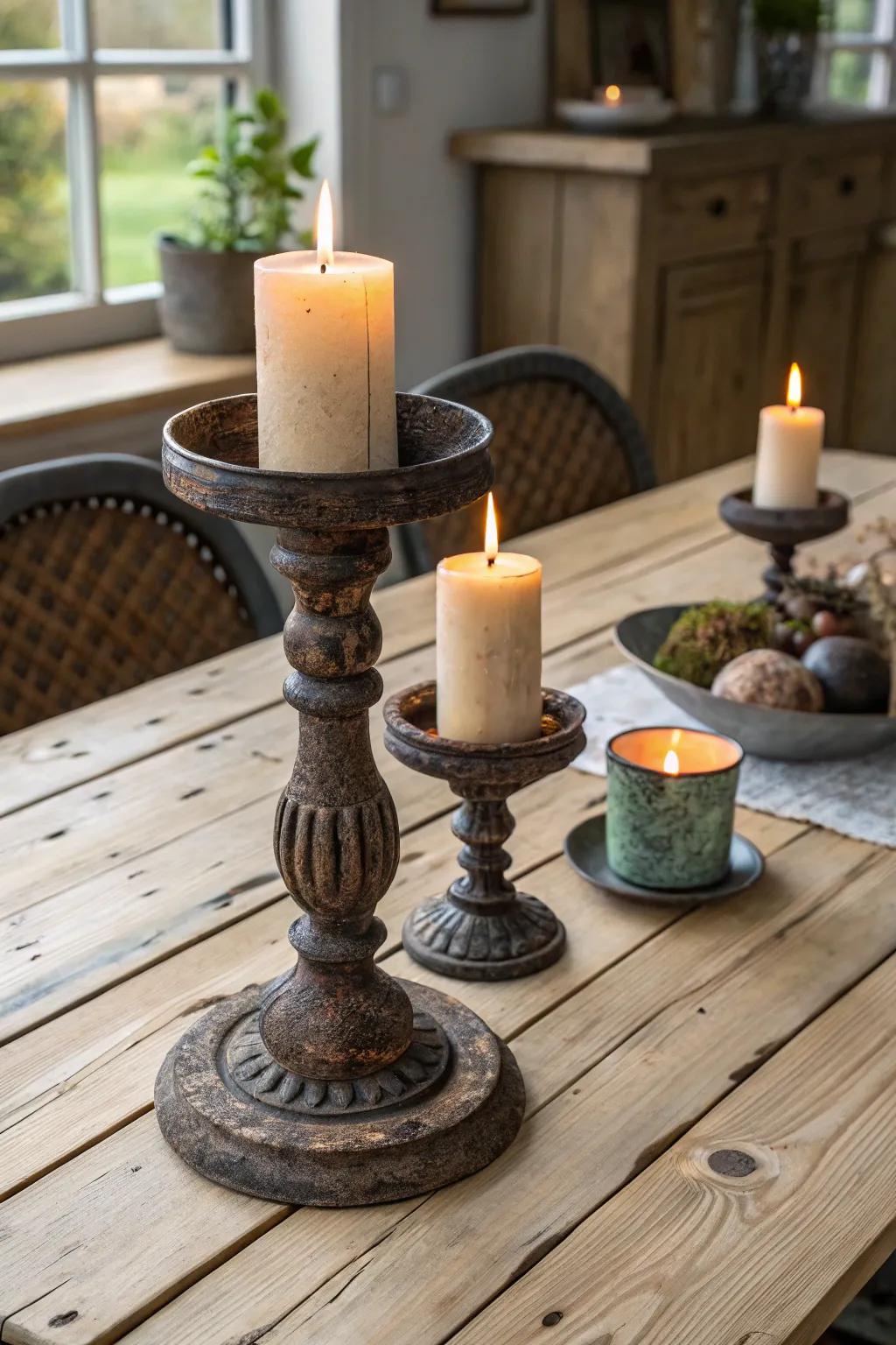 Rustic candle holders add warmth to the table setting.