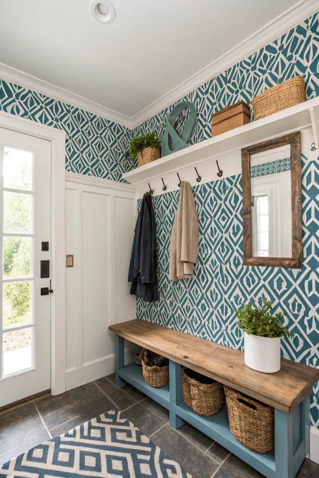 Mudroom showcasing bold patterned wallpaper for added visual interest and style.