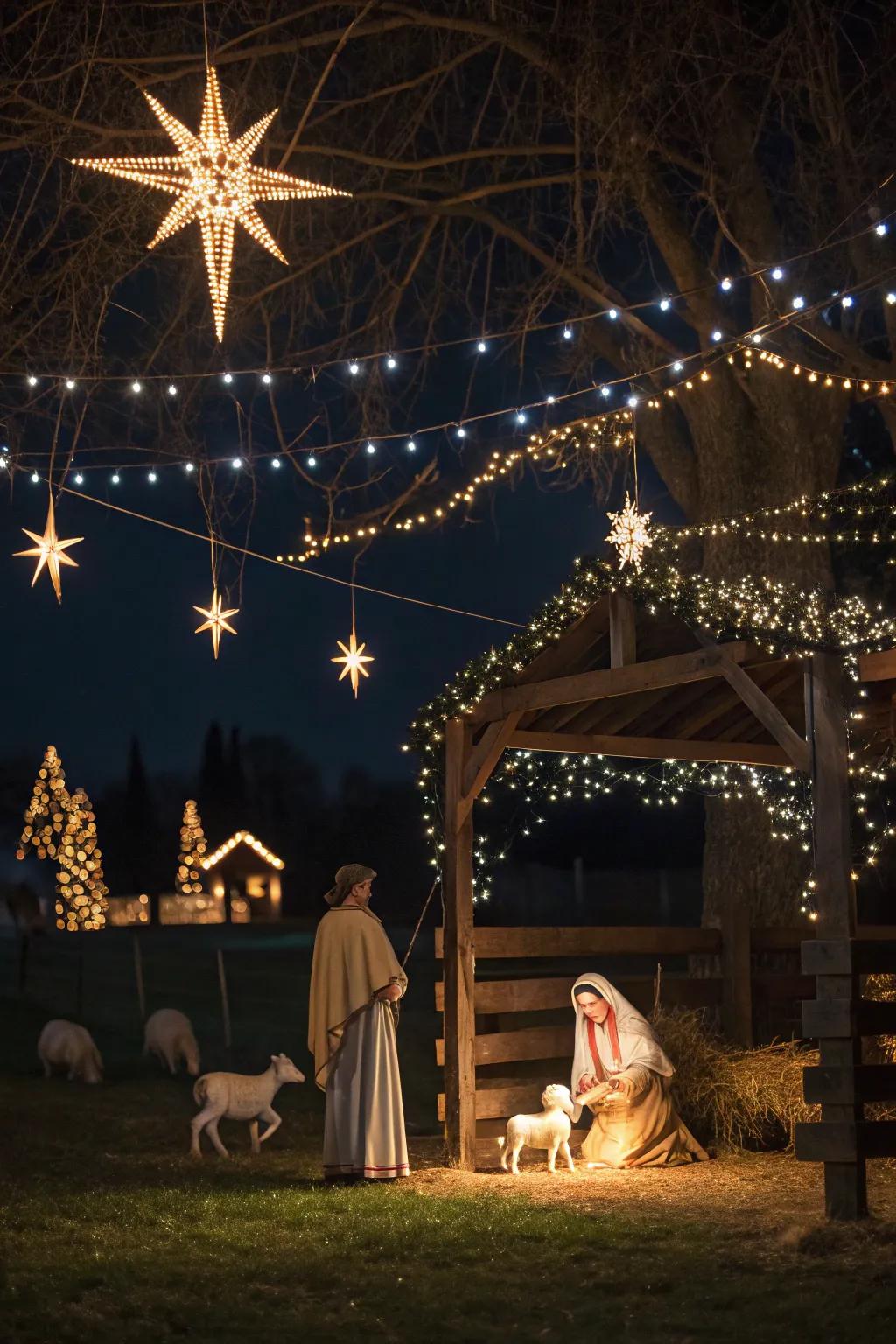 Twinkling lights create a starry night above the nativity scene.