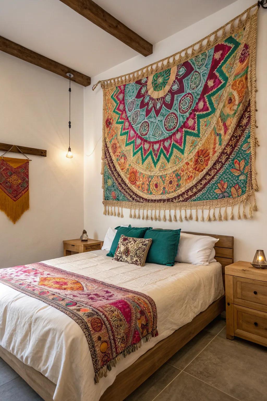 A tapestry adds vibrant color and texture to the bedroom wall.